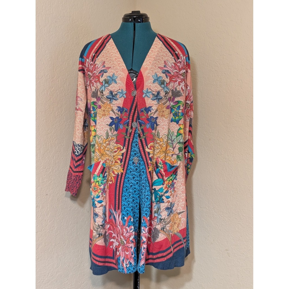 Johnny Was Womens Small Floral Mixed Print Longline‎ Button Front Cardigan